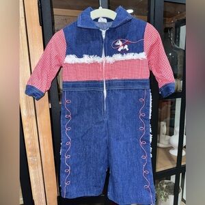 1960s Vintage Embroidered denim cowboy jumpsuit boy toddler fringe gingham baby
